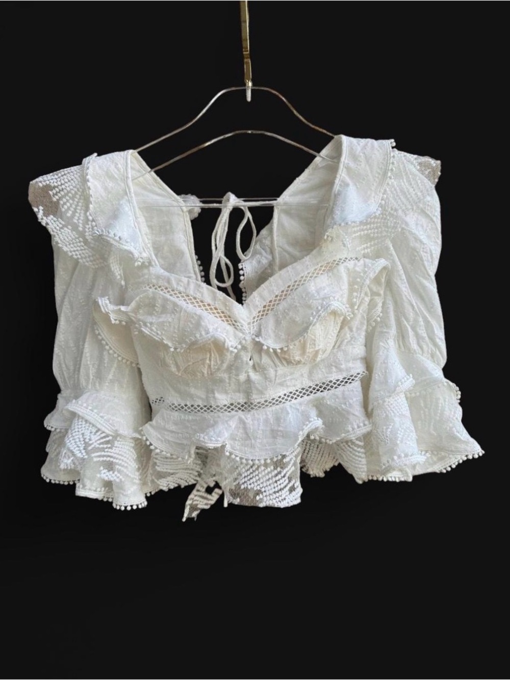 BRIDES! Elaborate Mulla White Ruffle Lace Corset Blouse Statement Top